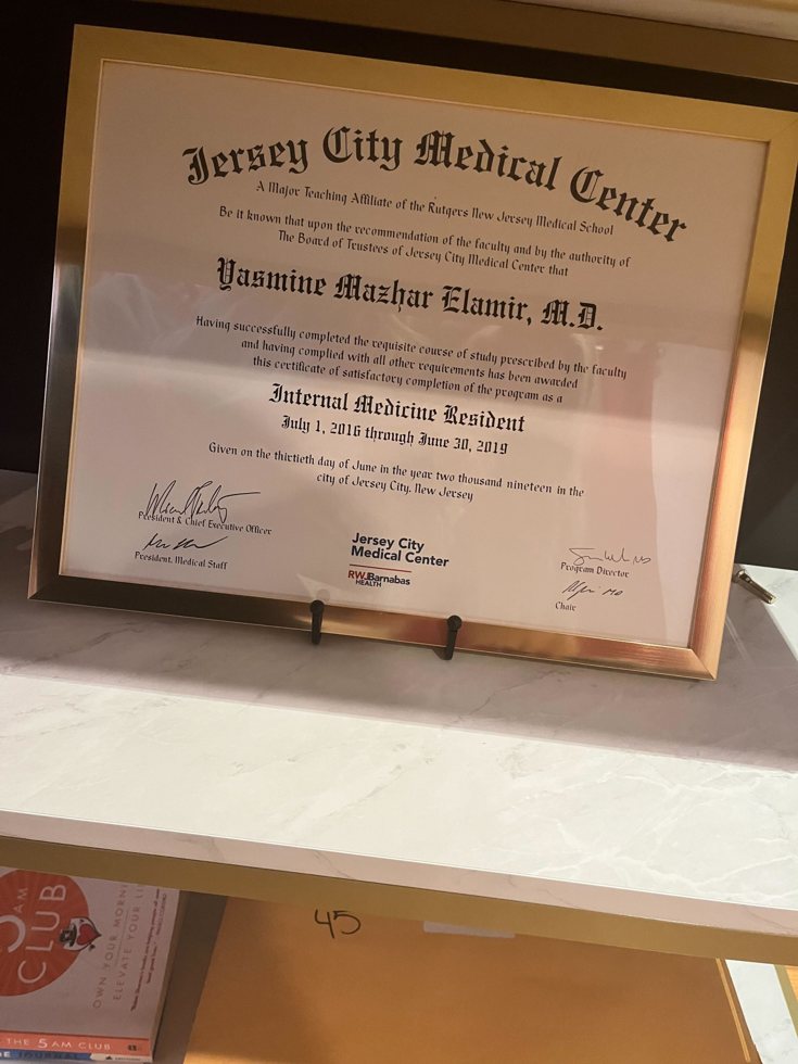 Jersey City Medical Center residency certificate